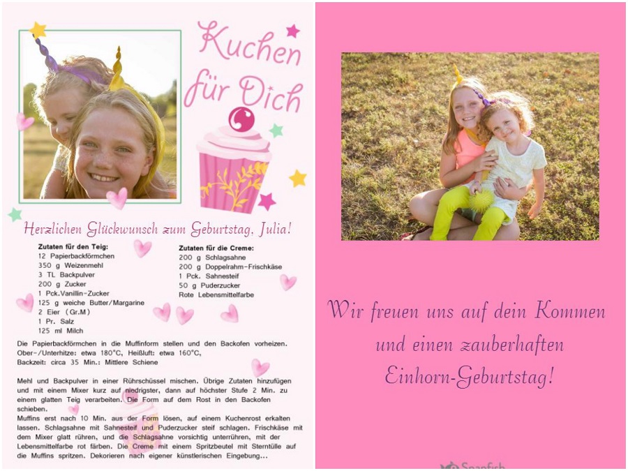 Rosa Einladungskarte im Einhorn-Stil